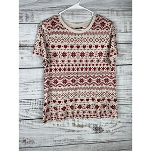 Monki Holiday Dark Red Print Cream Short Sleeve Top Small NEW Modal Casual Soft